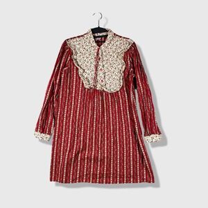 70s MW Sleepwear Nightgown Women M Red Floral Stripe Vintage Cottagecore 5711